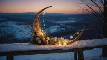 A serene winter landscape featuring a decorative floral arrangement with lights on a snowy bench. photo