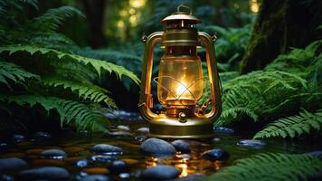 A vintage lantern glowing beside a stream in a lush forest setting. photo