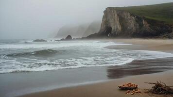 A serene beach scene with fog, cliffs, and a bowl of fruit on the sand. photo