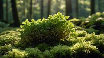 A lush green cluster of moss and ferns in a sunlit forest setting. photo