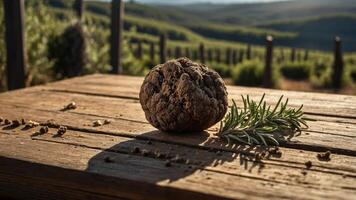 A truffle on a rustic wooden table with herbs, set against a scenic vineyard backdrop. photo