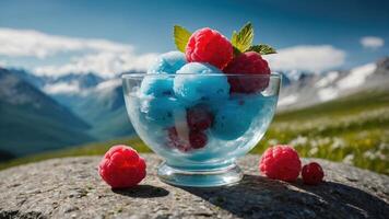 A refreshing bowl of blue and red ice cream with raspberries, set against a scenic mountain backdrop. photo