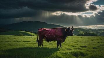 A solitary cow stands in a lush green field under dramatic skies with sunlight breaking through. photo