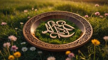 A decorative plate with Arabic calligraphy resting on grass and flowers in a serene setting. photo