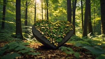 A heart-shaped stone adorned with leaves in a serene forest setting. photo