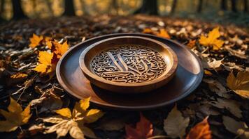 A wooden plate with intricate calligraphy rests among autumn leaves in a serene forest setting. photo