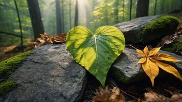 A heart-shaped leaf rests on stones in a forest, illuminated by soft sunlight. photo
