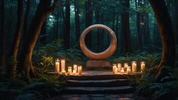 A serene forest scene featuring a circular wooden structure and candles on stone steps. photo