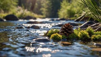 A serene stream with a pine cone and moss, reflecting light in a natural setting. photo