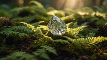 A crystal resting on lush ferns in a sunlit forest. photo