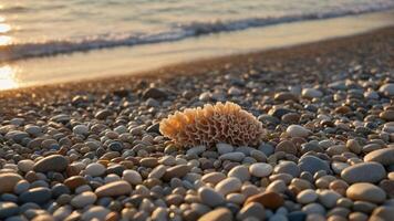 A coral piece rests on a pebbled beach, with gentle waves lapping in the background. photo