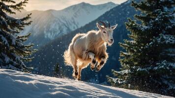 A mountain goat leaps through snow-covered terrain with majestic mountains in the background. photo