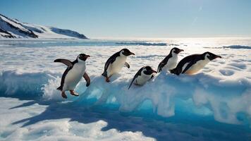 A group of penguins jumping over an icy surface in a bright, snowy landscape. photo