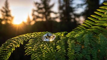A sparkling crystal resting on a fern leaf with a sunset in the background. photo