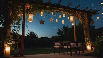 A cozy outdoor seating area illuminated by lanterns under a starry night sky. photo