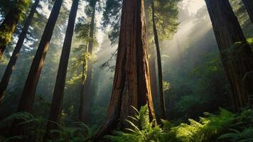 Sunlight filters through towering trees in a lush forest, creating a serene atmosphere. photo