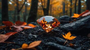 A sparkling orange gemstone rests on dark soil amidst autumn leaves in a forest setting. photo