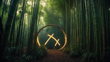 A serene bamboo forest with illuminated circular structures. photo