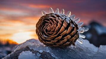 A pine cone adorned with ice crystals against a colorful sunset backdrop. photo