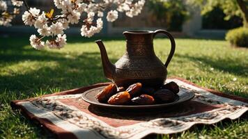 A traditional teapot with dates on a decorative cloth in a garden setting. photo