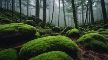 A serene forest scene with moss-covered rocks and trees shrouded in mist. photo