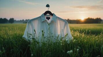 A shirt displayed on a hanger in a field at sunset, symbolizing fashion and nature. photo