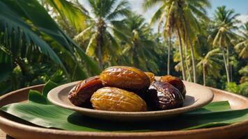 A plate of dates surrounded by lush palm trees, showcasing a tropical setting. photo