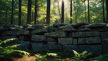 A stone wall nestled in a lush forest, illuminated by sunlight filtering through trees. photo