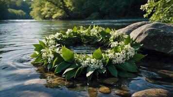 A floral wreath floats on calm water, surrounded by greenery and rocks. photo