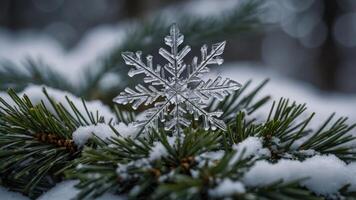 A snowflake rests on evergreen branches, surrounded by a snowy landscape. photo