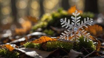 A snowflake decoration rests on moss and fallen leaves in a serene forest setting. photo