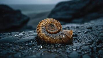 A close-up of a fossilized ammonite shell on a wet rocky surface by the ocean. photo
