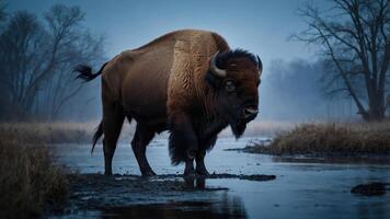 A bison stands in a misty wetland, showcasing its majestic presence in nature. photo