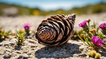 A pine cone resting on sandy ground surrounded by colorful flowers. photo