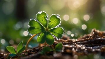 A close-up of a clover leaf with water droplets, surrounded by a soft, blurred background. photo