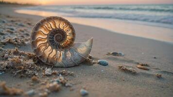 A close-up of a spiral seashell on sandy beach with ocean waves in the background. photo