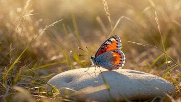 Butterfly Resting on Stone in Meadow with Warm Sunlight Glow photo