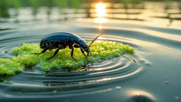Beetle Resting on Pond Scum Island in Water at Sunset photo