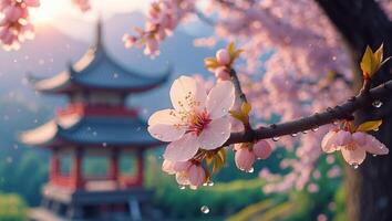 Blossom Branch with Water Droplets and Traditional Building Background View photo
