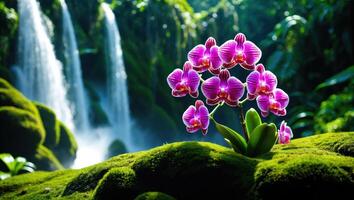 Orchid Bloom with Lush Waterfall and Mossy Rocks Serene Landscape photo