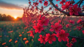 Blooming Red Flowers on Branch at Sunset in Field of Flowers photo