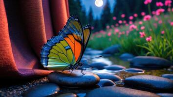 Butterfly Resting on Stone Near Stream with Flowers at Night photo