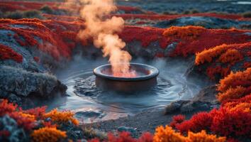Steam Rising From a Natural Hot Spring Surrounded by Red Flora photo