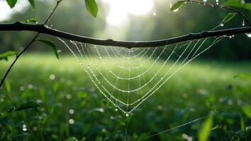 Spiderweb with Water Droplets Hanging From Tree Branch in Meadow photo