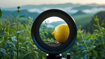 Lemon in Nature Setting Seen Through Circular Frame Perspective photo