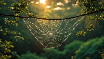 Spiderweb with Dew Drops Hanging From Branch in Lush Forest photo