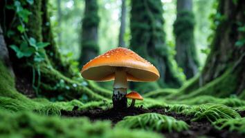 Mushroom Growing in Mossy Forest Floor with Trees in Background photo