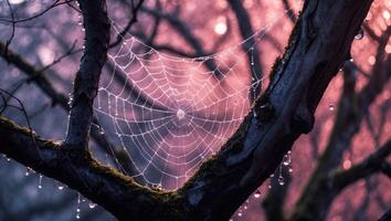 Dew Covered Spiderweb Hangs on Tree Branch in a Forest photo