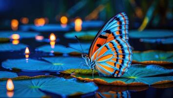 Butterfly Resting on Lily Pad with Water Reflections and Candlelight photo