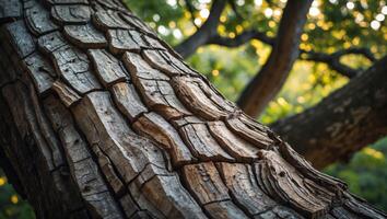 Examining Tree Bark Texture and Patterns in a Lush Green Forest photo